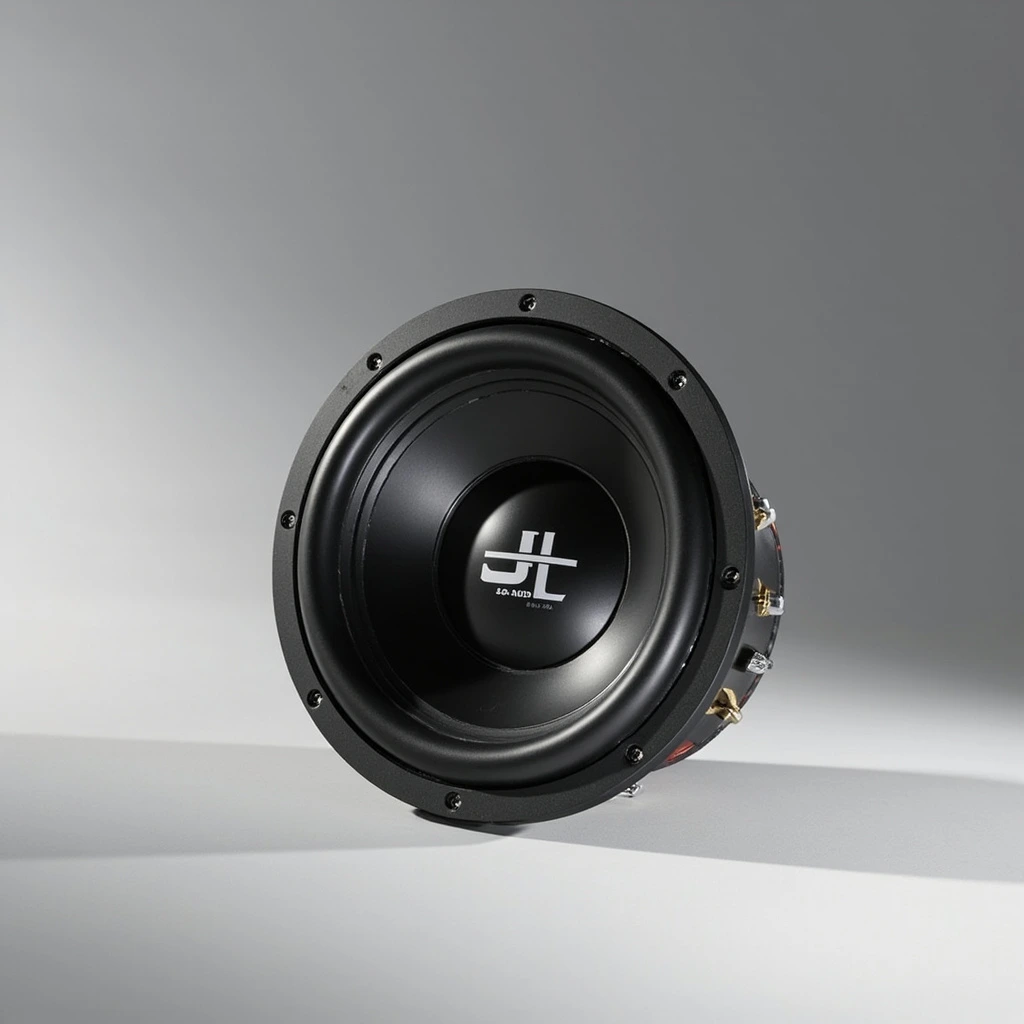 A JL Audio subwoofer photographed on a studio sweep with a hard ground shadow
