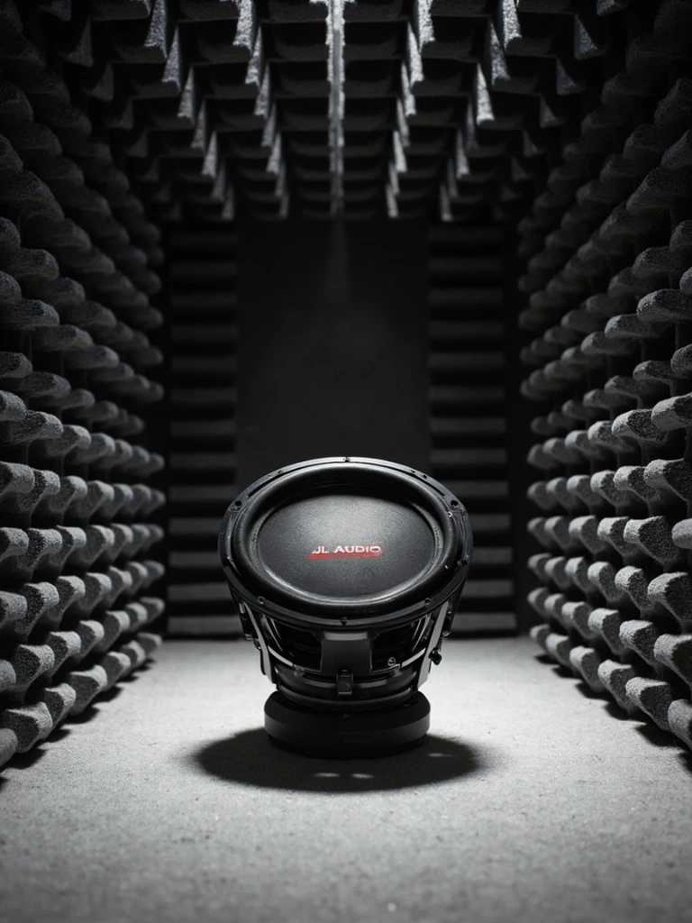 A JL Audio subwoofer under measurement inside the Car Audio Australia anechoic chamber.