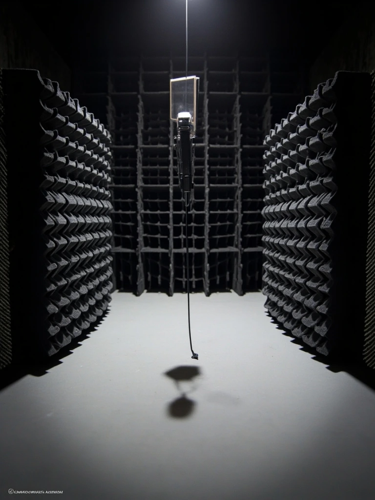 The measurement microphone and wedge-lined interior of the Car Audio Australia anechoic chamber.